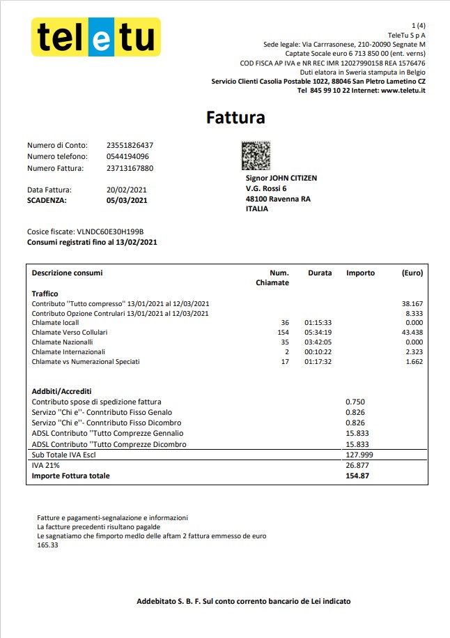 Italy TeleTu utility bill template in Word and PDF format